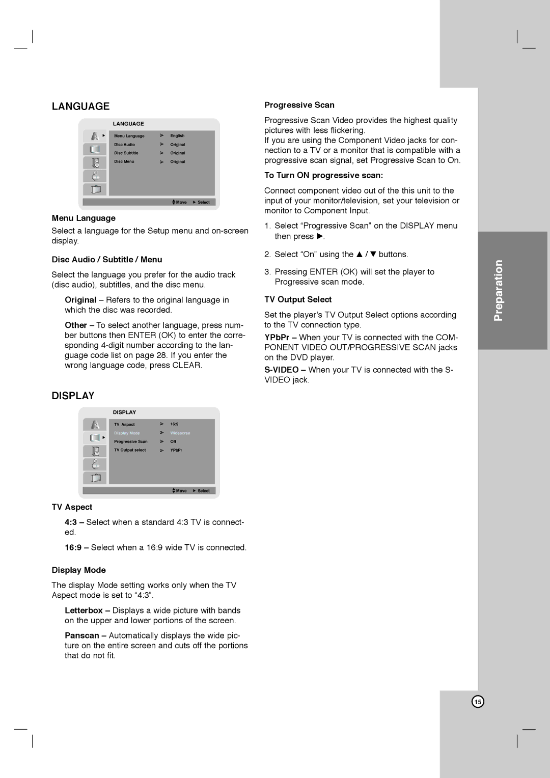 LG Electronics XBV713 warranty Menu Language, Disc Audio / Subtitle / Menu, TV Aspect, Display Mode, Progressive Scan 