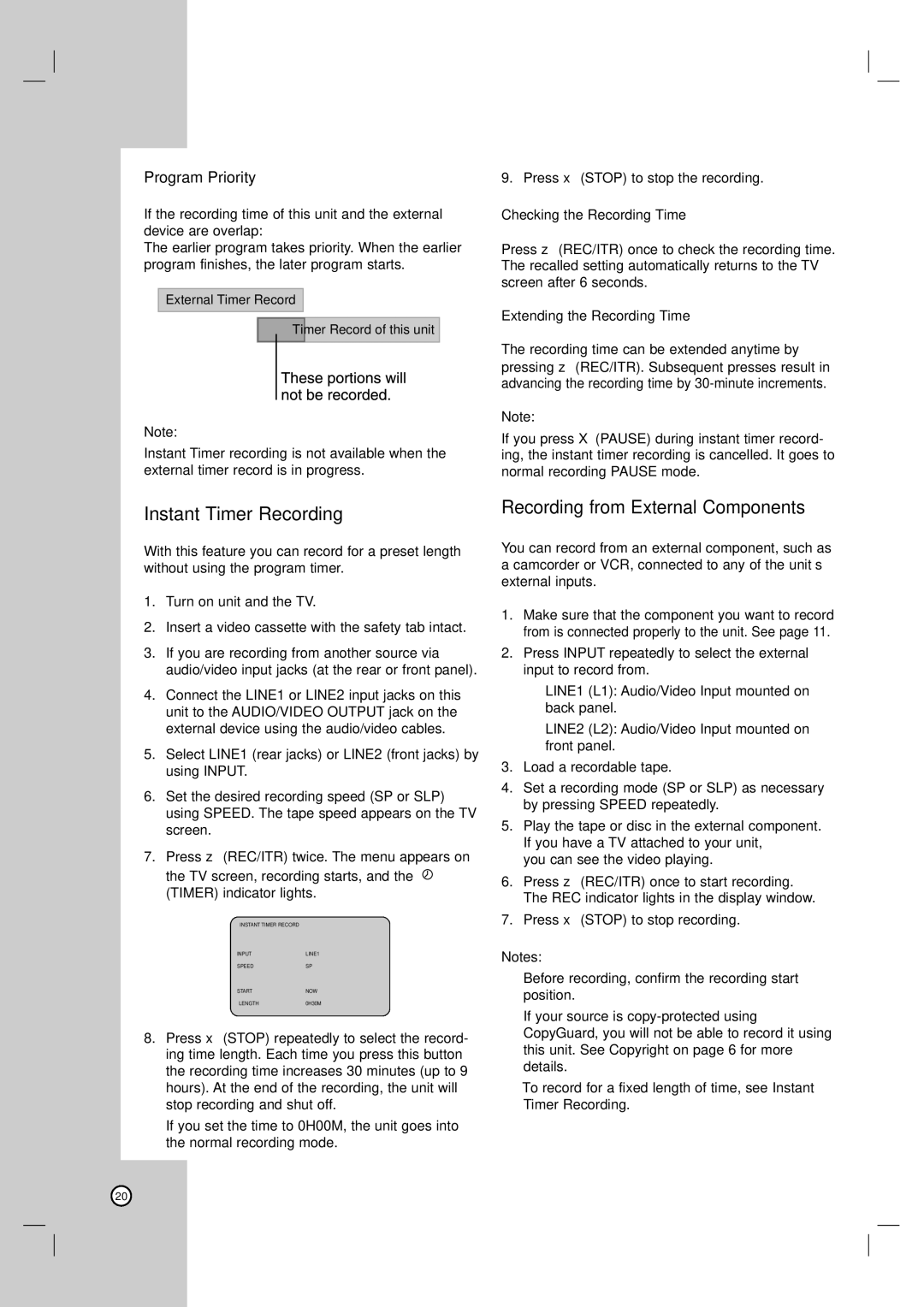 LG Electronics XBV713 warranty Instant Timer Recording, Recording from External Components, Checking the Recording Time 