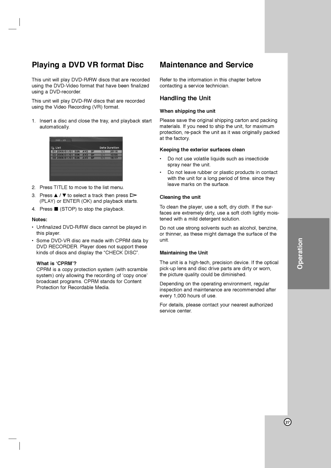 LG Electronics XBV713 warranty Playing a DVD VR format Disc, Maintenance and Service 