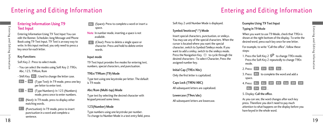 LG Electronics Z525i manual Entering and Editing Information, Entering Information Using T9 Text Input 