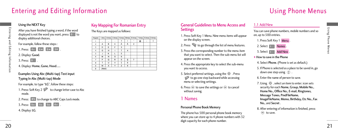 LG Electronics Z525i Entering and Editing Information Using Phone Menus, Names, Key Mapping For Romanian Entry, Add New 