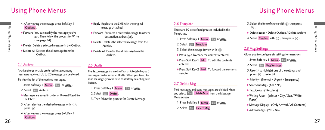 LG Electronics Z525i manual Template, Archive, Drafts, Delete Msg 