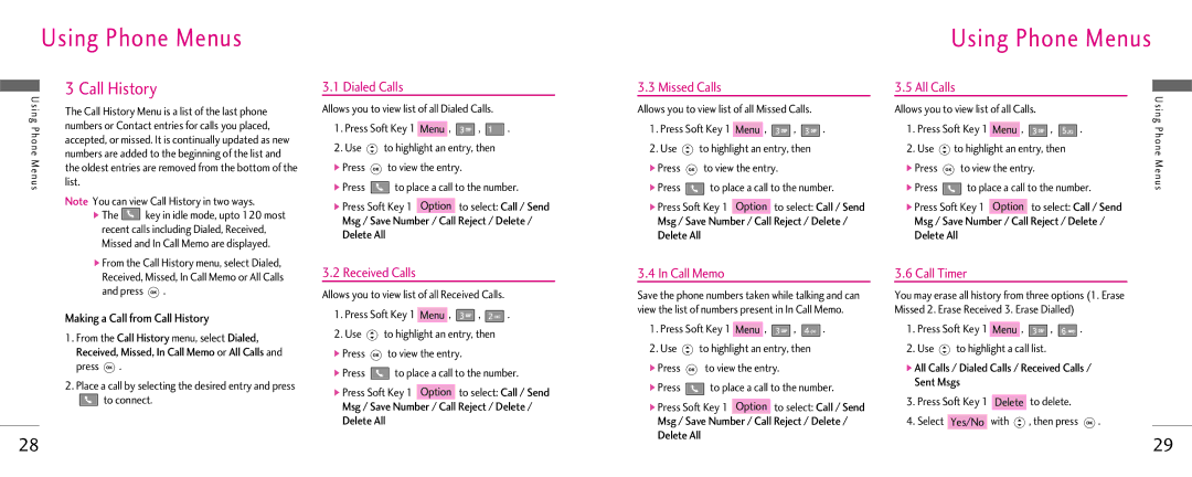 LG Electronics Z525i manual Call History, Dialed Calls, Missed Calls, All Calls, Call Memo Call Timer 