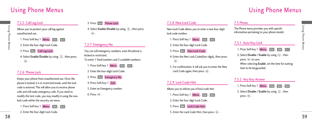 LG Electronics Z525i Call Log Lock, Phone Lock, Emergency No, New Lock Code, Auto Key Lock, Any Key Answer, Lock Code Hint 