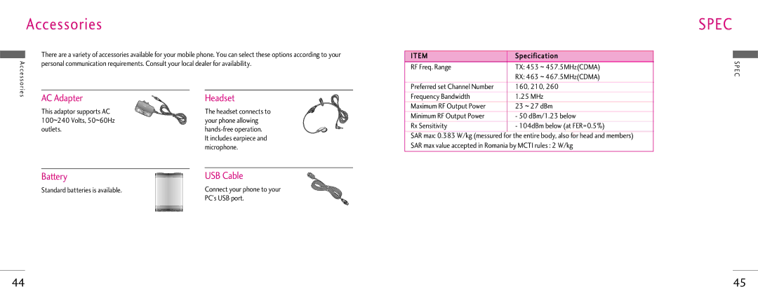 LG Electronics Z525i manual Accessories, AC Adapter Headset, Battery USB Cable 