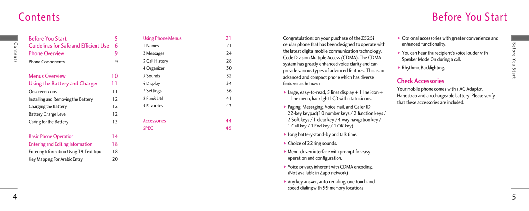 LG Electronics Z525i manual Contents, Before You Start 