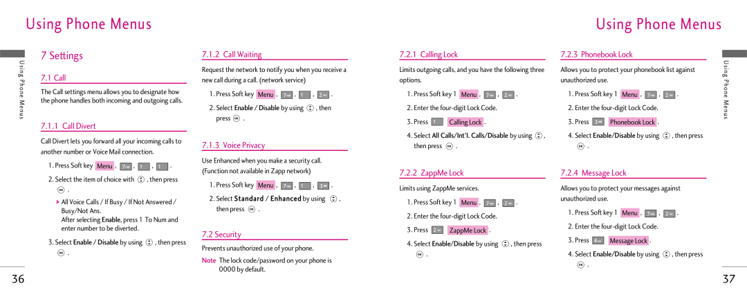LG Electronics Z525i manual Settings, Call Divert, Call Waiting, Voice Privacy, Calling Lock, Phonebook Lock, Security 