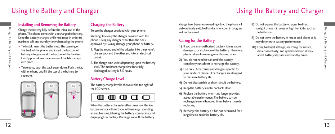 LG Electronics Z525i manual Using the Battery and Charger, Installing and Removing the Battery, Charging the Battery 