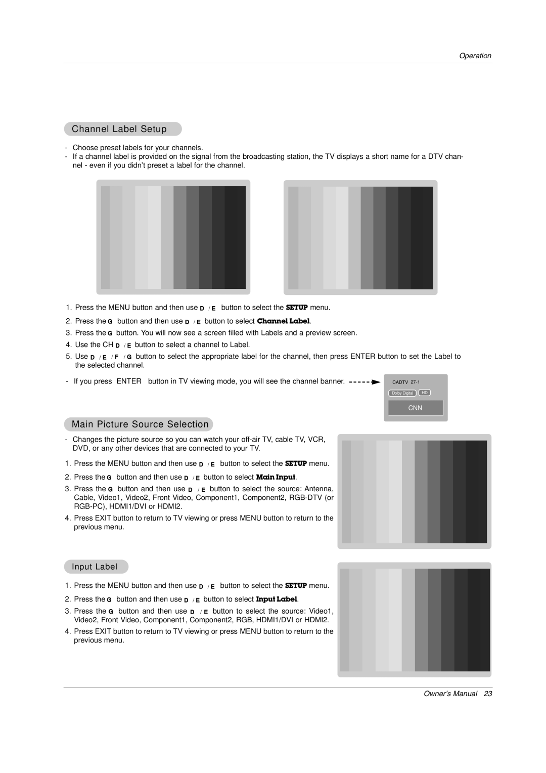 LG Electronics Z44SZ80, Z52SZ80 warranty Channel Label Setup, Main Picture Source Selection 