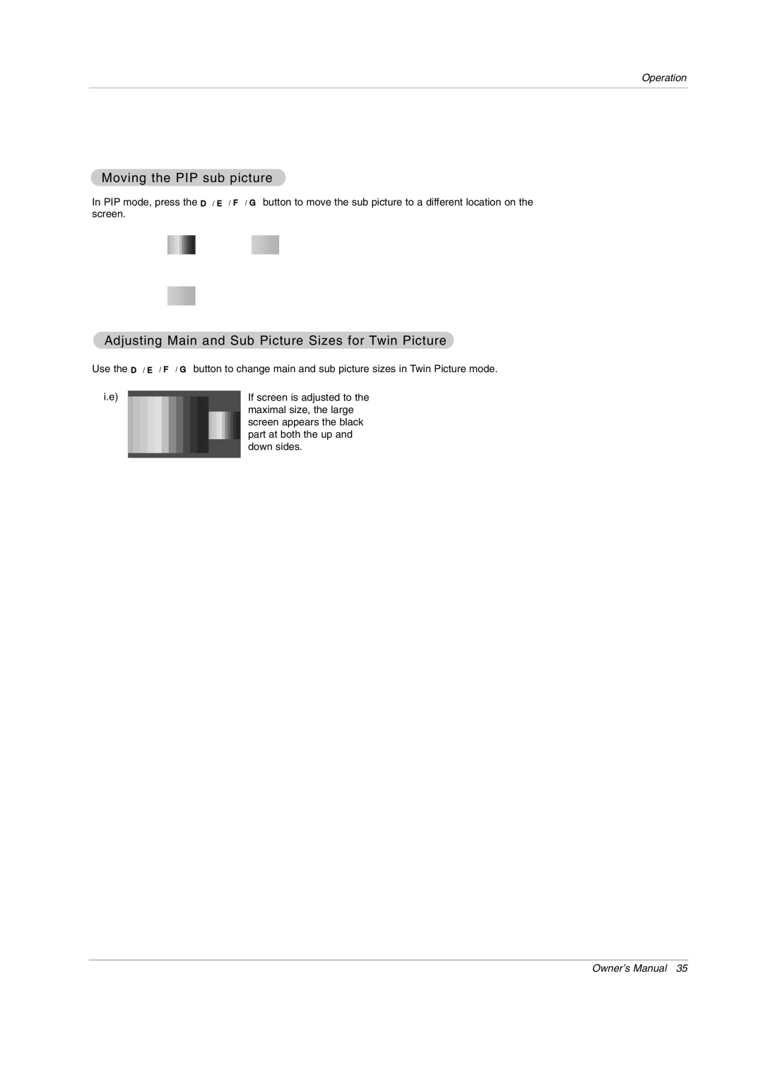 LG Electronics Z44SZ80, Z52SZ80 warranty Moving the PIP sub picture, Adjusting Main and Sub Picture Sizes for Twin Picture 