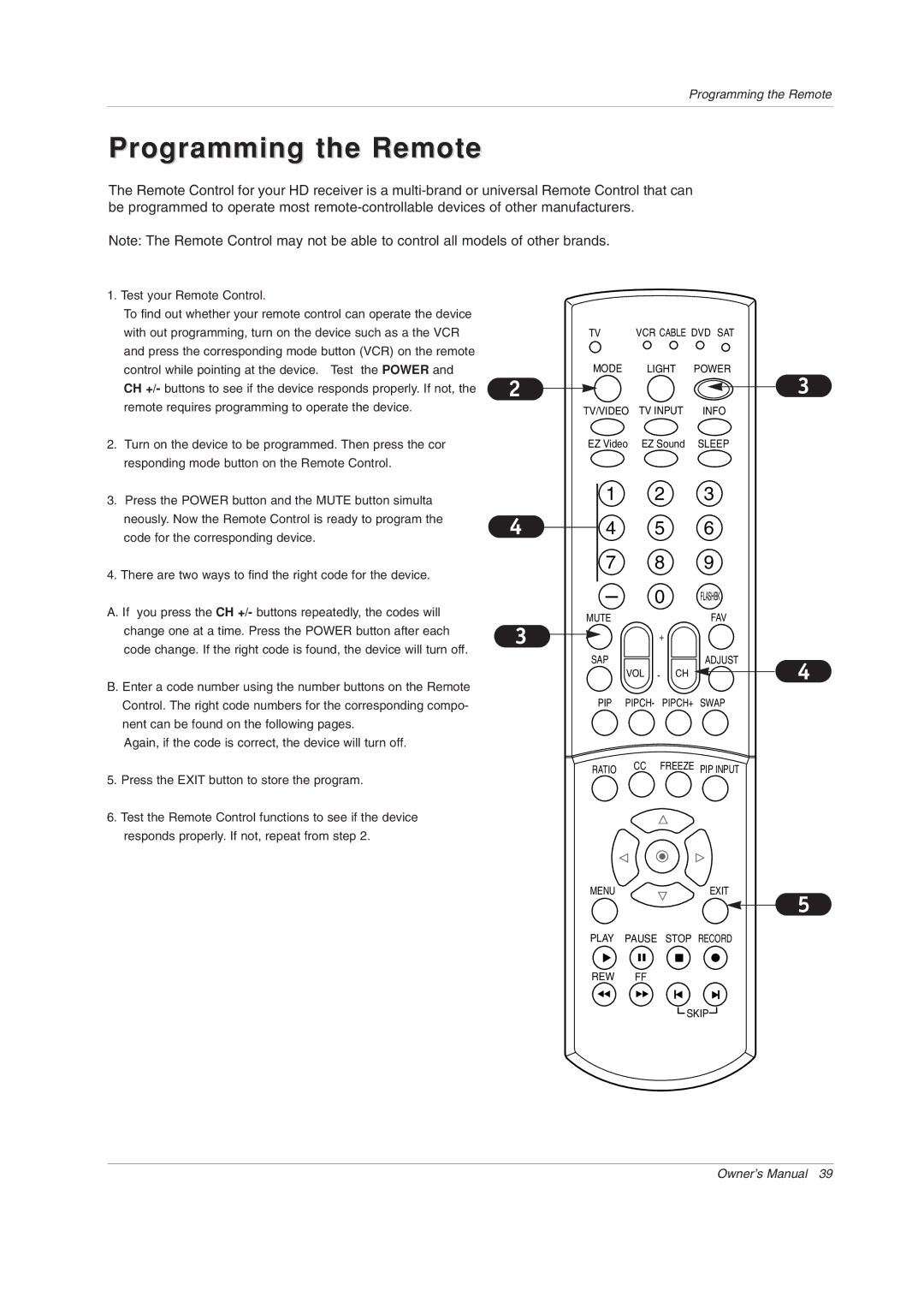 LG Electronics Z44SZ80, Z52SZ80 warranty Programming the Remote 