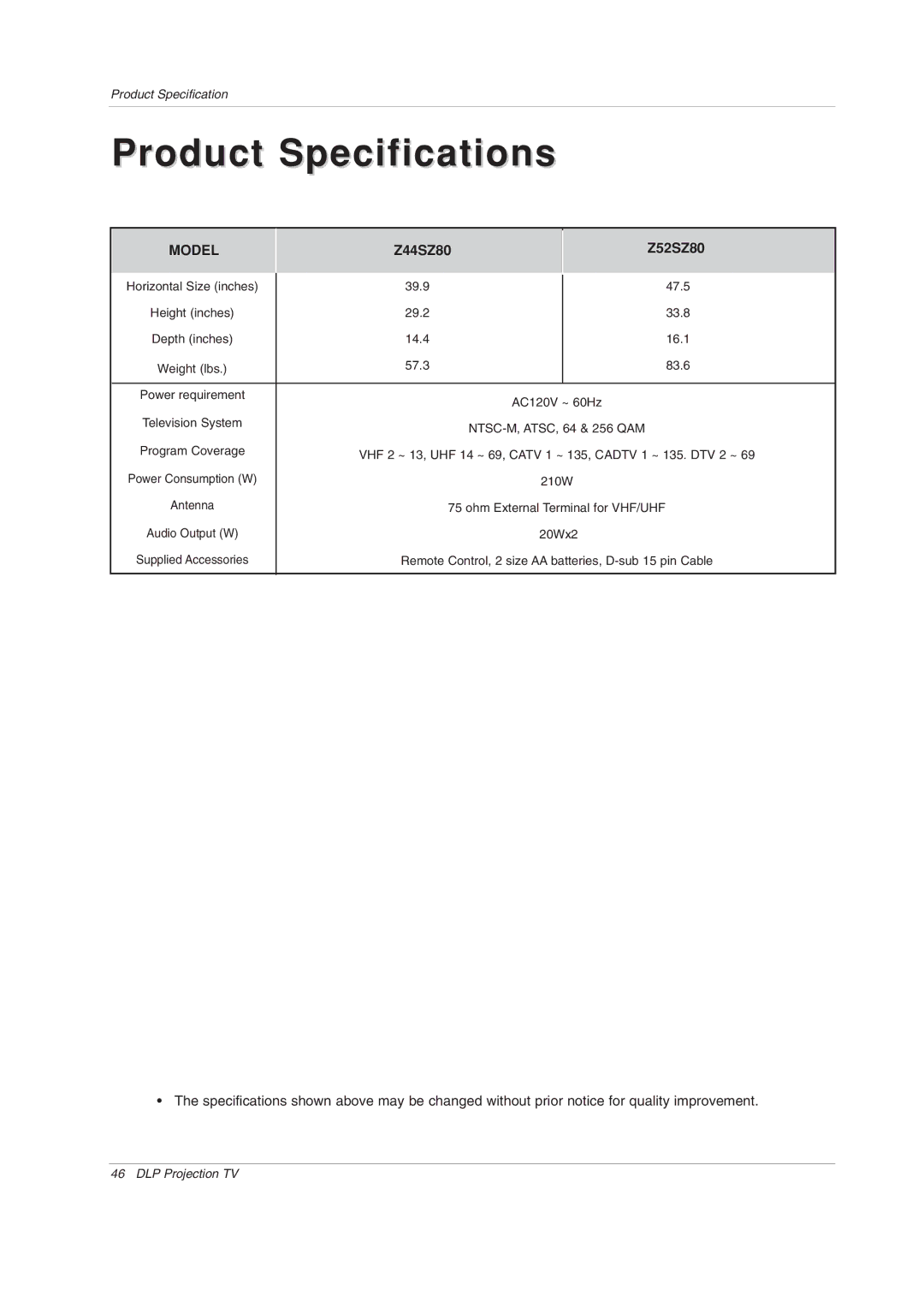 LG Electronics warranty Product Specifications, Z44SZ80 Z52SZ80 