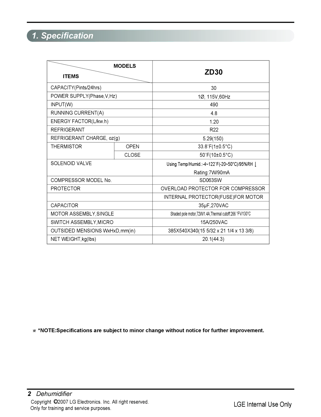 LG Electronics ZD30 service manual ModelSpecificationName 