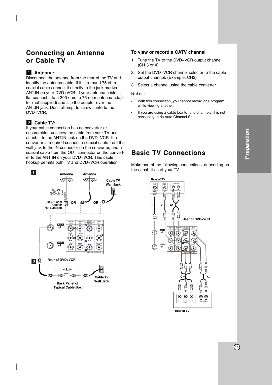 LG Electronics ZDX-313 warranty Connecting an Antenna or Cable TV, Basic TV Connections, To view or record a Catv channel 