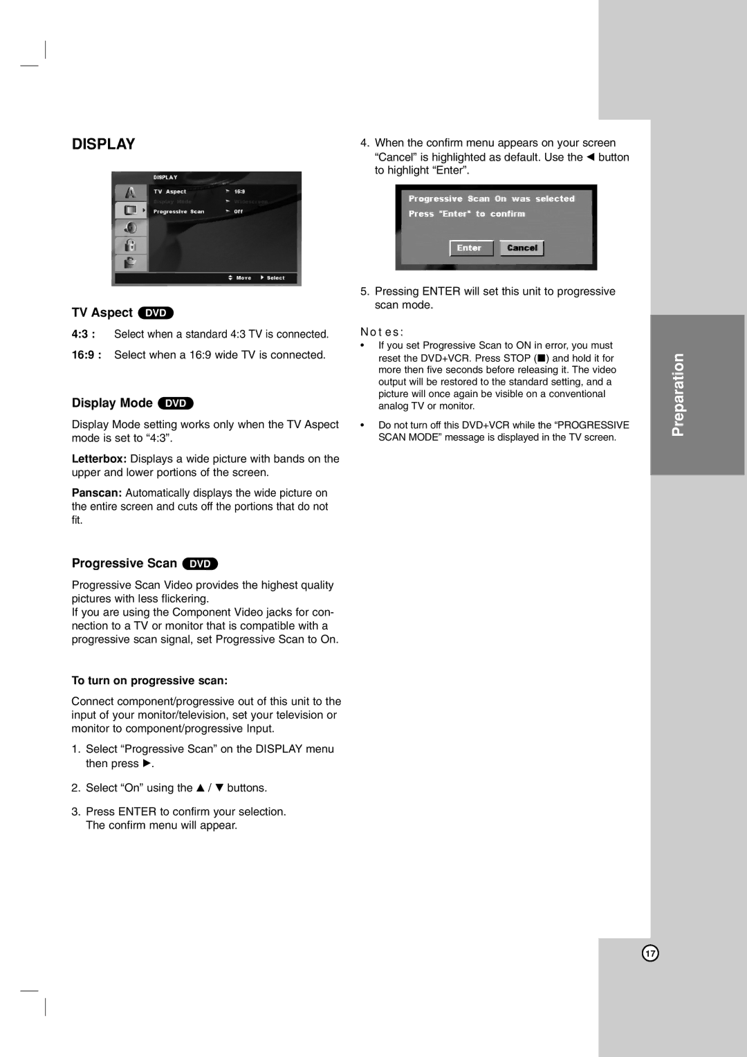 LG Electronics ZDX-313 warranty TV Aspect DVD, Display Mode DVD, Progressive Scan DVD, To turn on progressive scan 