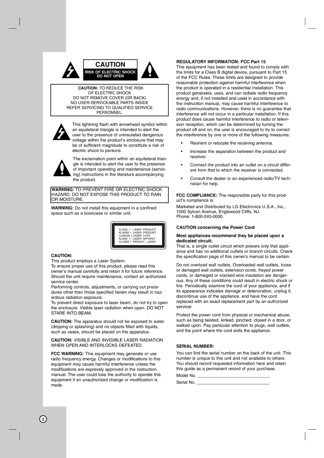 LG Electronics ZDX-313 warranty Serial Number 