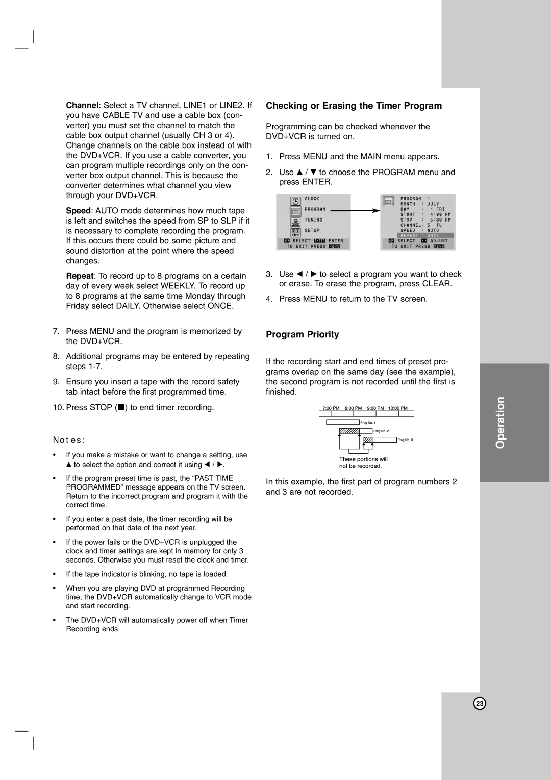 LG Electronics ZDX-313 warranty Checking or Erasing the Timer Program, Program Priority 