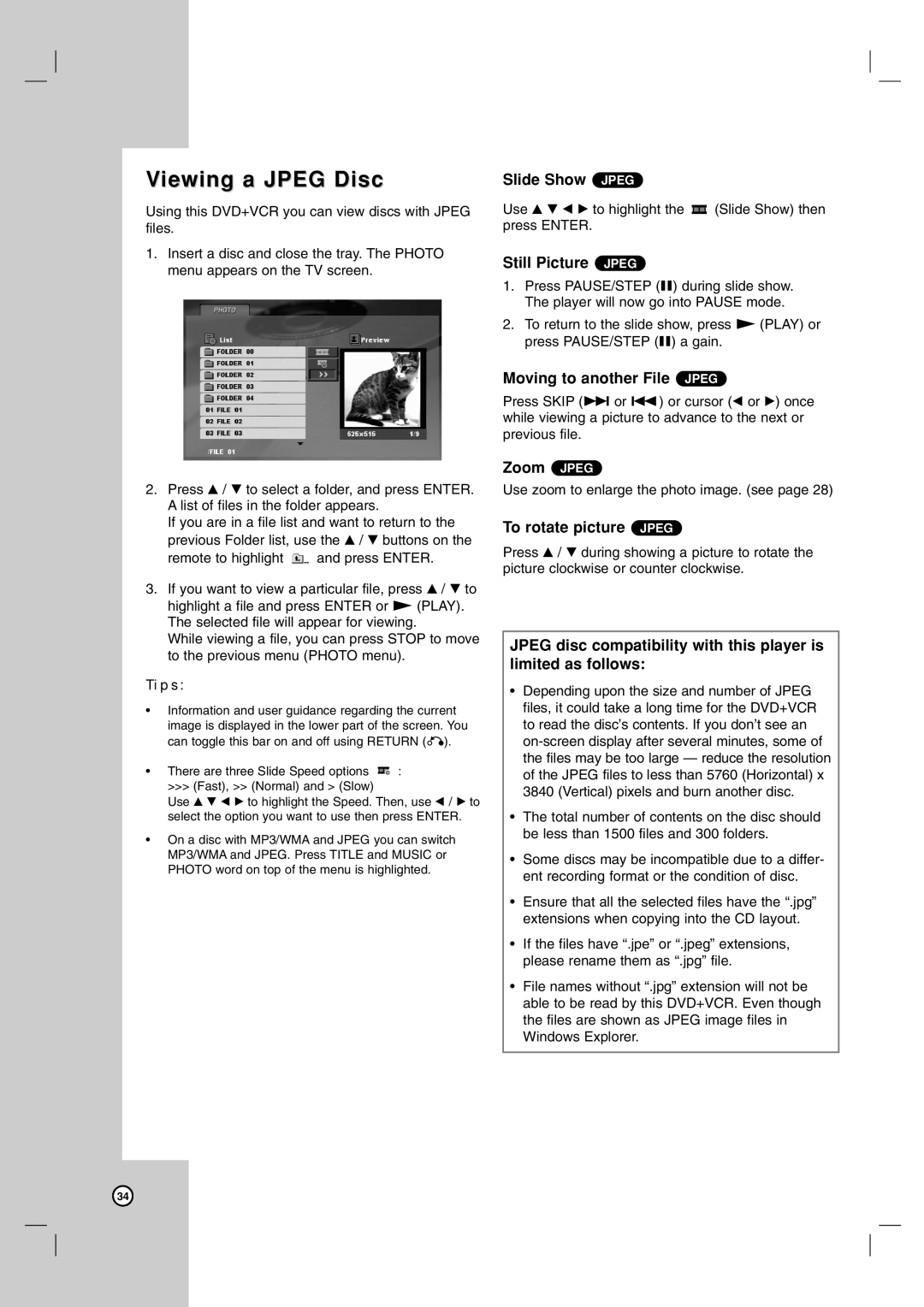 LG Electronics ZDX-313 warranty Viewing a Jpeg Disc 