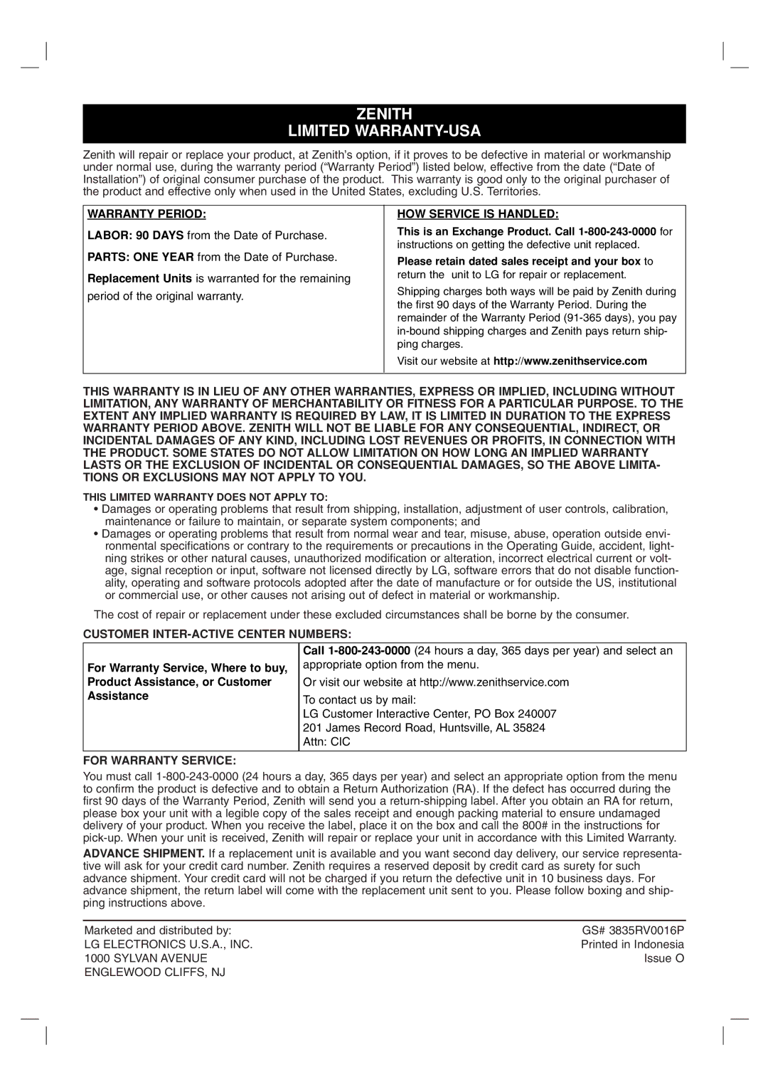 LG Electronics ZDX-313 Warranty Period HOW Service is Handled, Customer INTER-ACTIVE Center Numbers, For Warranty Service 