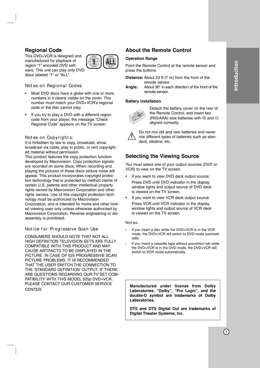 LG Electronics ZDX-313 warranty Regional Code, About the Remote Control, Selecting the Viewing Source, Operation Range 