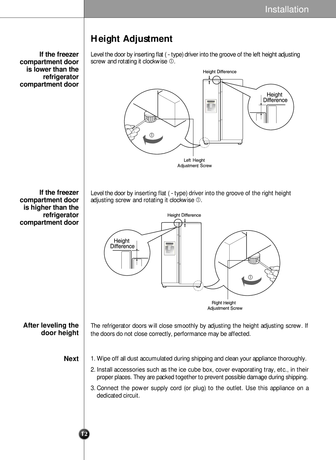 LG Electronics manual Height Adjustment, If the freezer Compartment door, Compartment door If the freezer, Next 