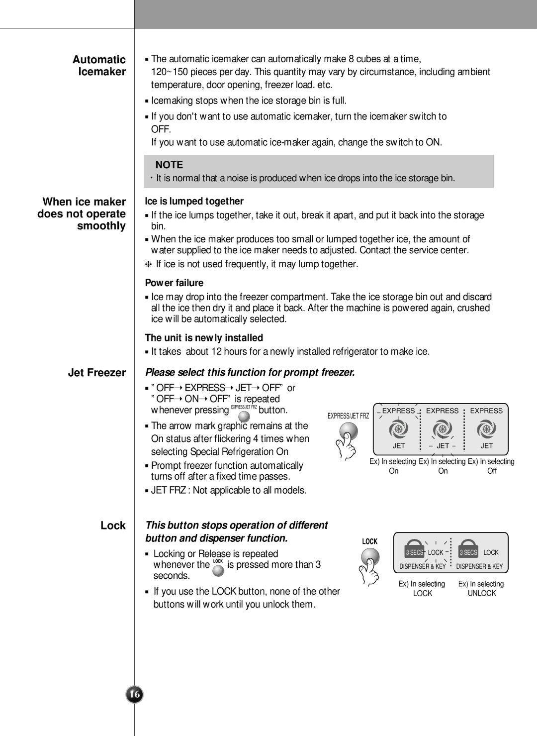 LG Electronics manual Automatic Icemaker, Smoothly Jet Freezer Lock, Ice is lumped together 