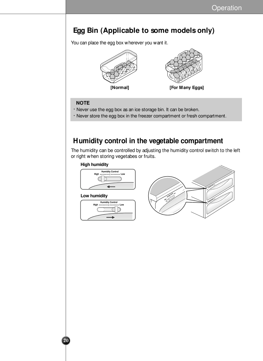 LG Electronics manual Egg Bin Applicable to some models only, Humidity control in the vegetable compartment 