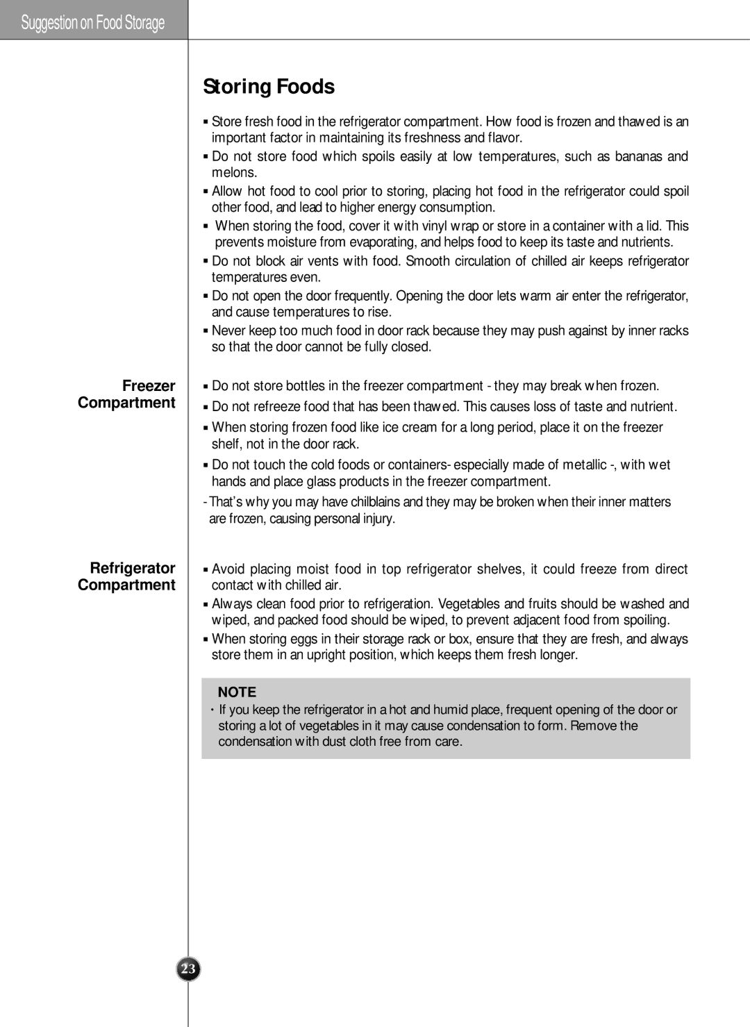 LG Electronics manual Storing Foods, Freezer Compartment Refrigerator 