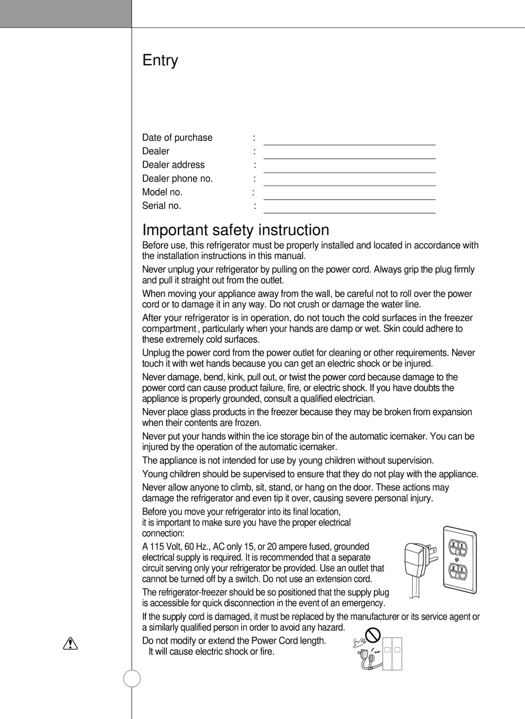 LG Electronics manual Entry, Important safety instruction 