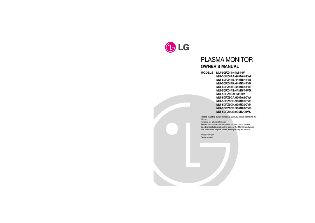 LG Electronics owner manual Plasma Monitor 