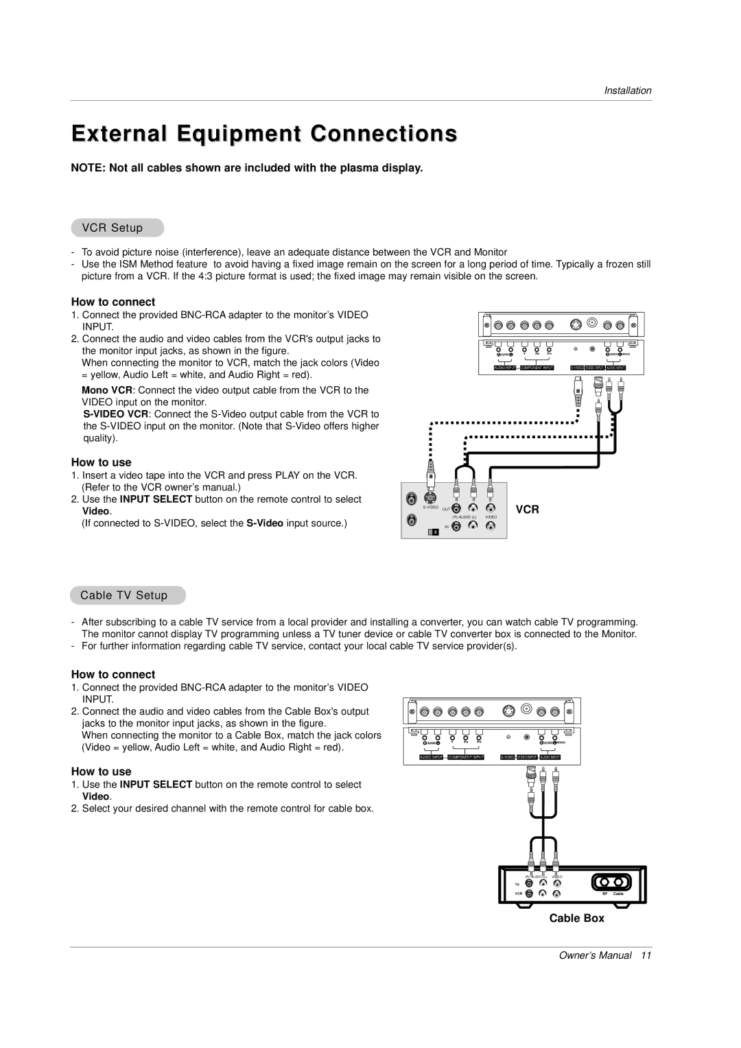 LG Electronics owner manual External Equipment Connections, How to connect, How to use, Cable Box 