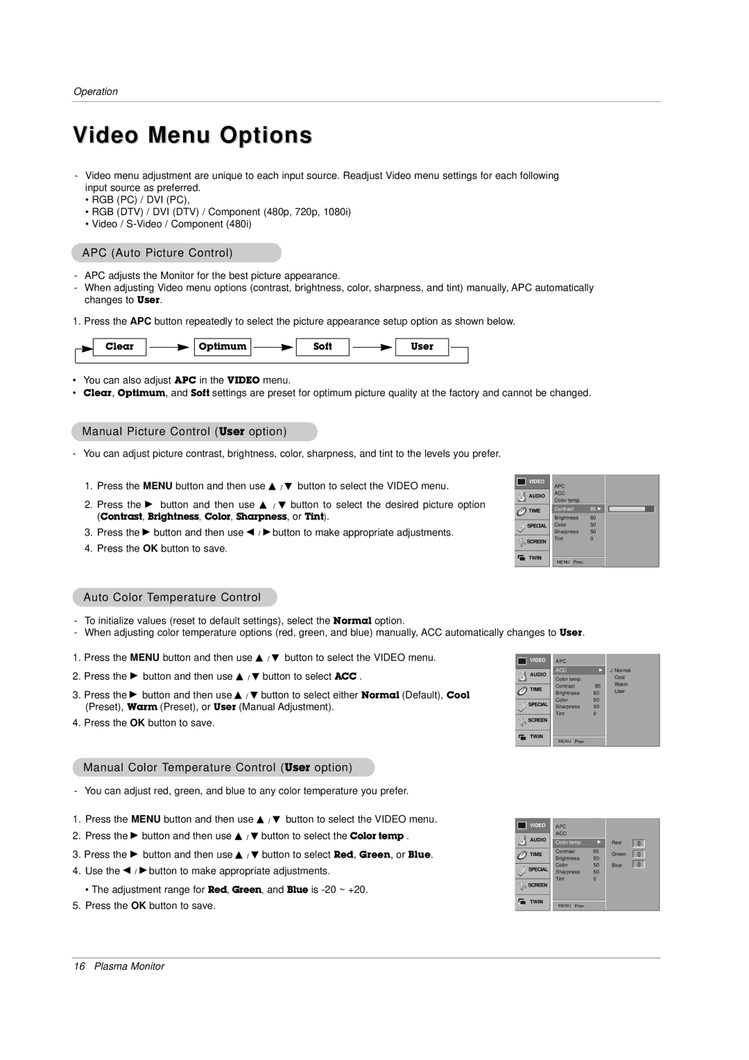 LG Electronics owner manual Video Menu Options, APC Auto Picture Control, Manual Picture Control User option 