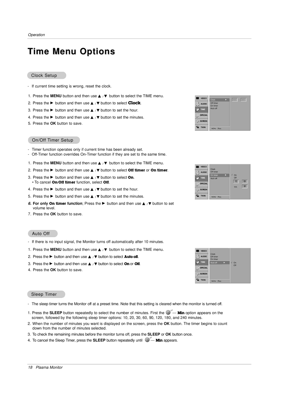 LG Electronics owner manual Time Menu Options, Clock Setup, On/Off Timer Setup, Auto Off, Sleep Timer 