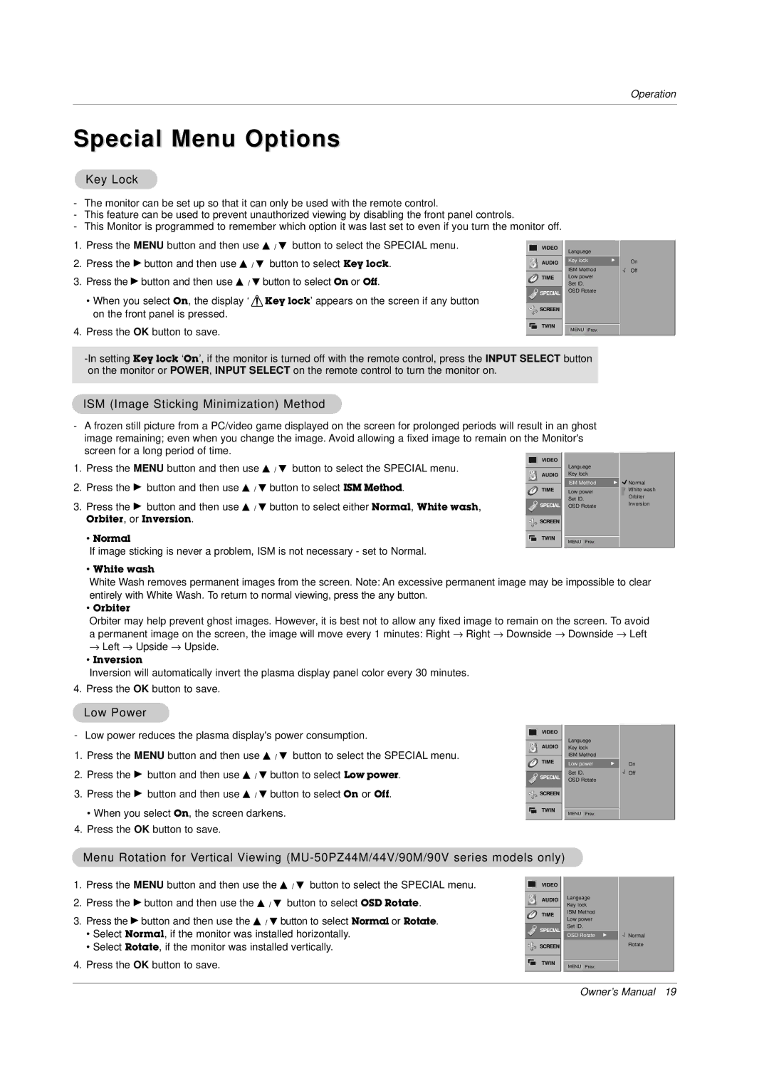 LG Electronics owner manual Special Menu Options, Key Lock, ISM Image Sticking Minimization Method, Low Power 