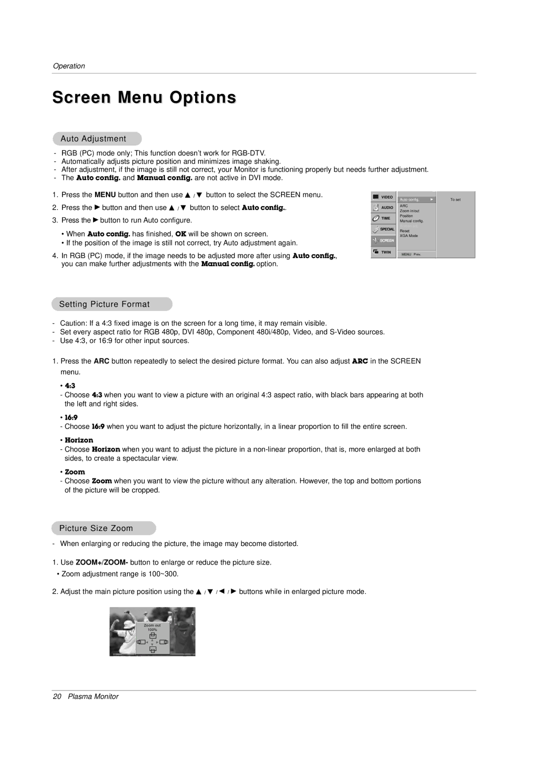 LG Electronics owner manual Screen Menu Options, Auto Adjustment, Setting Picture Format, Picture Size Zoom 