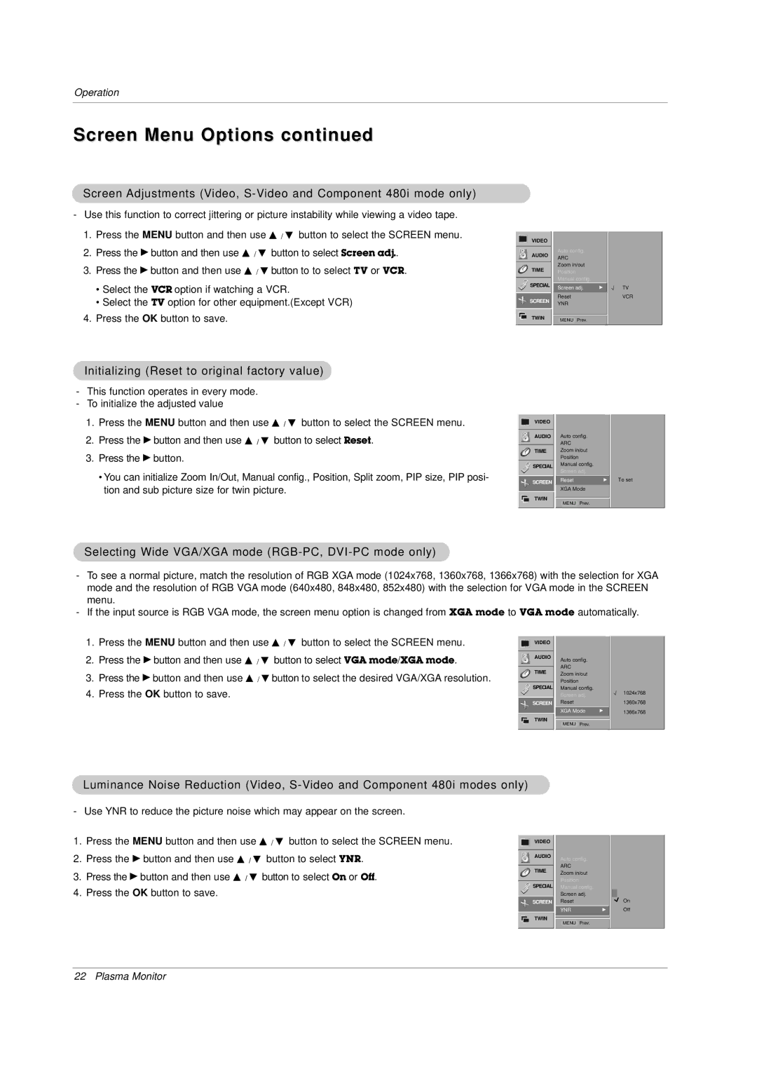 LG Electronics Initializing Reset to original factory value, Selecting Wide VGA/XGA mode RGB-PC, DVI-PC mode only 