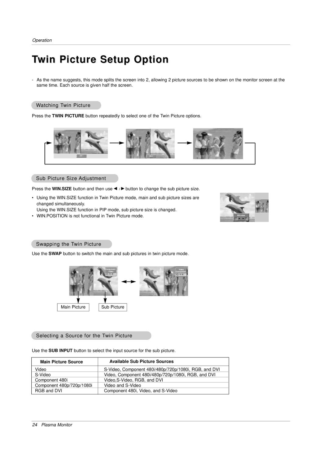 LG Electronics Twin Picture Setup Option, Watching Twin Picture, Sub Picture Size Adjustment, Swapping the Twin Picture 