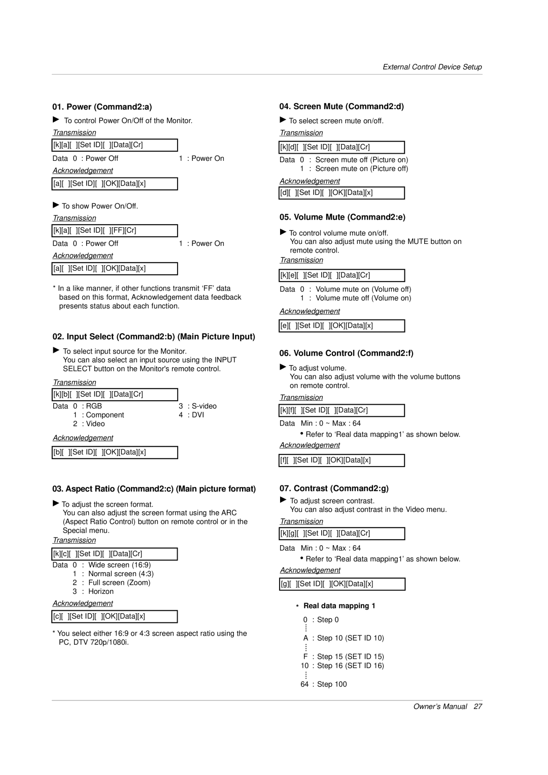 LG Electronics Power Command2a, Input Select Command2b Main Picture Input, Aspect Ratio Command2c Main picture format 