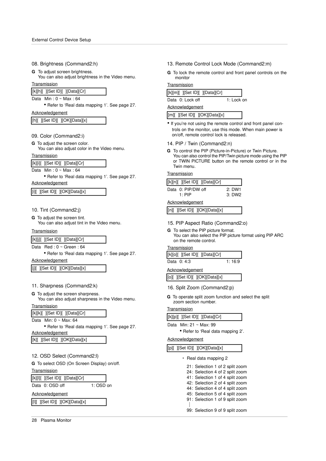 LG Electronics Brightness Command2h, Color Command2i, Tint Command2j, Sharpness Command2k, OSD Select Command2l 