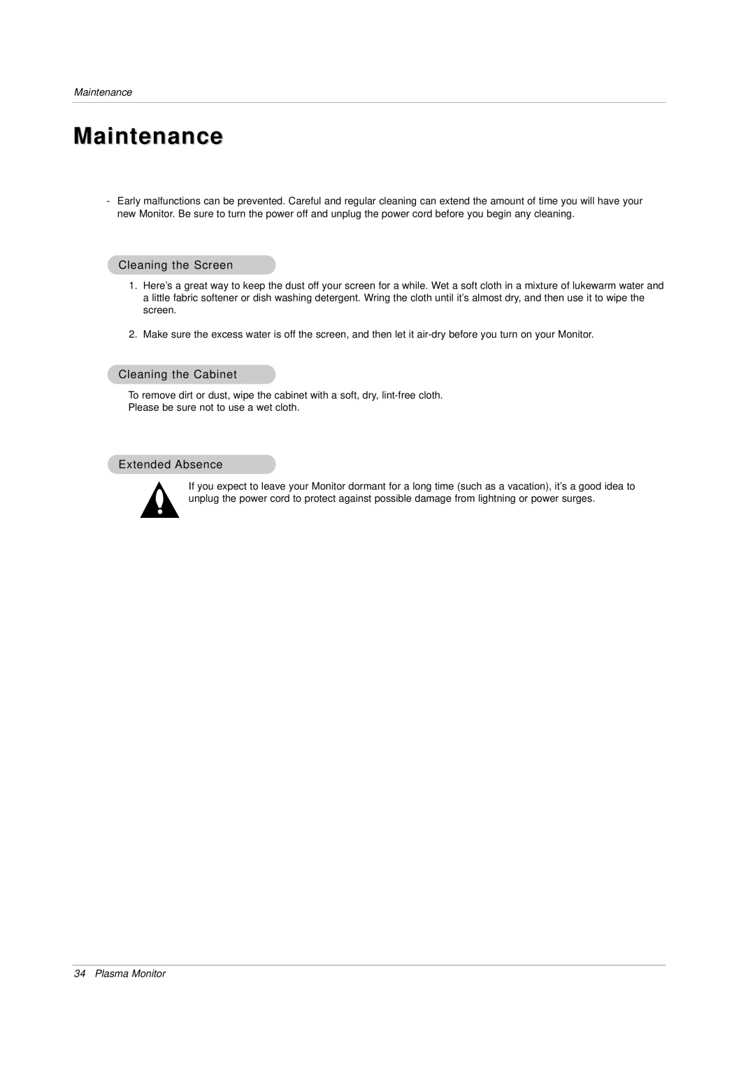 LG Electronics owner manual Maintenance, Cleaning the Screen, Cleaning the Cabinet, Extended Absence 