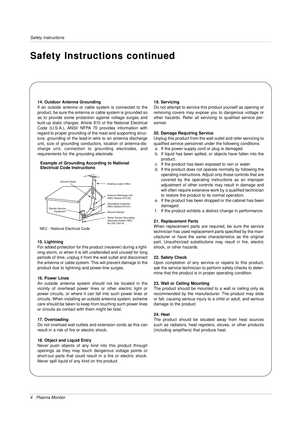 LG Electronics owner manual Safety Instructions 