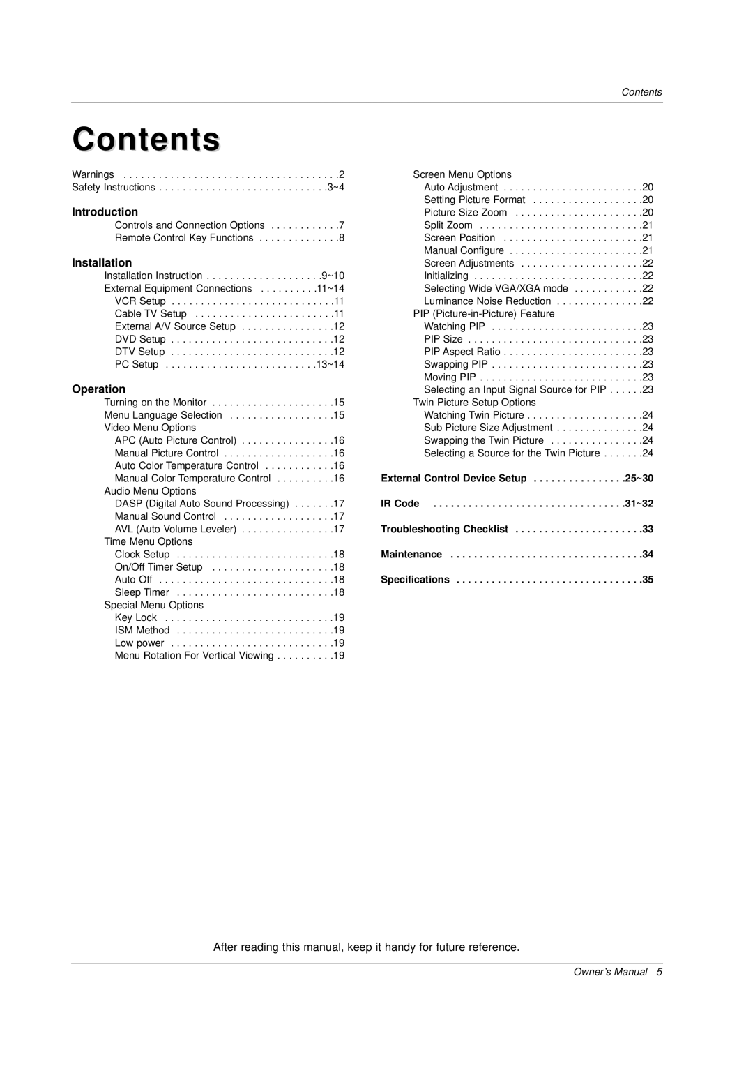 LG Electronics owner manual Contents 