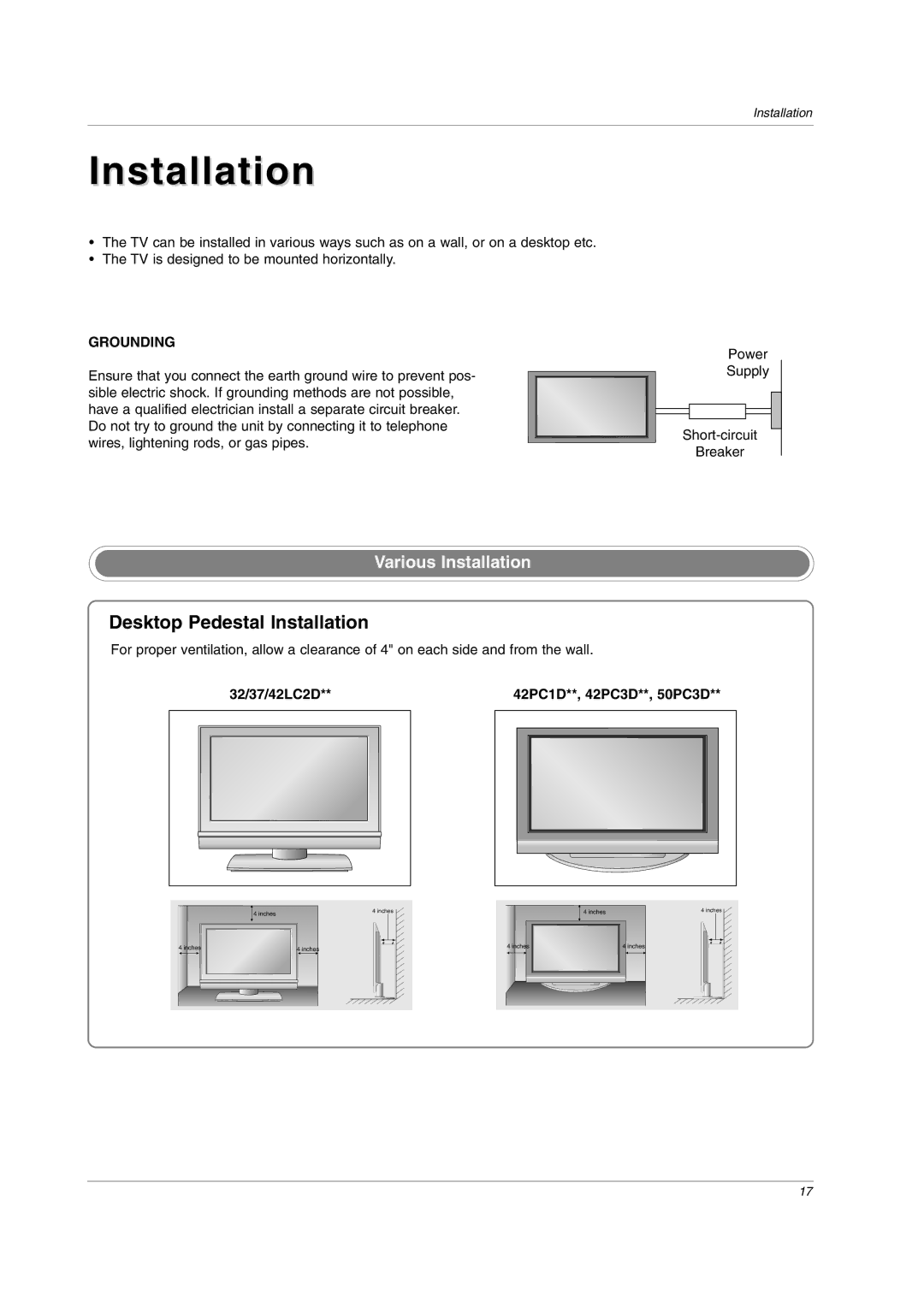 LG Electronics owner manual Various Installation, Grounding, 32/37/42LC2D, 42PC1D**, 42PC3D**, 50PC3D 