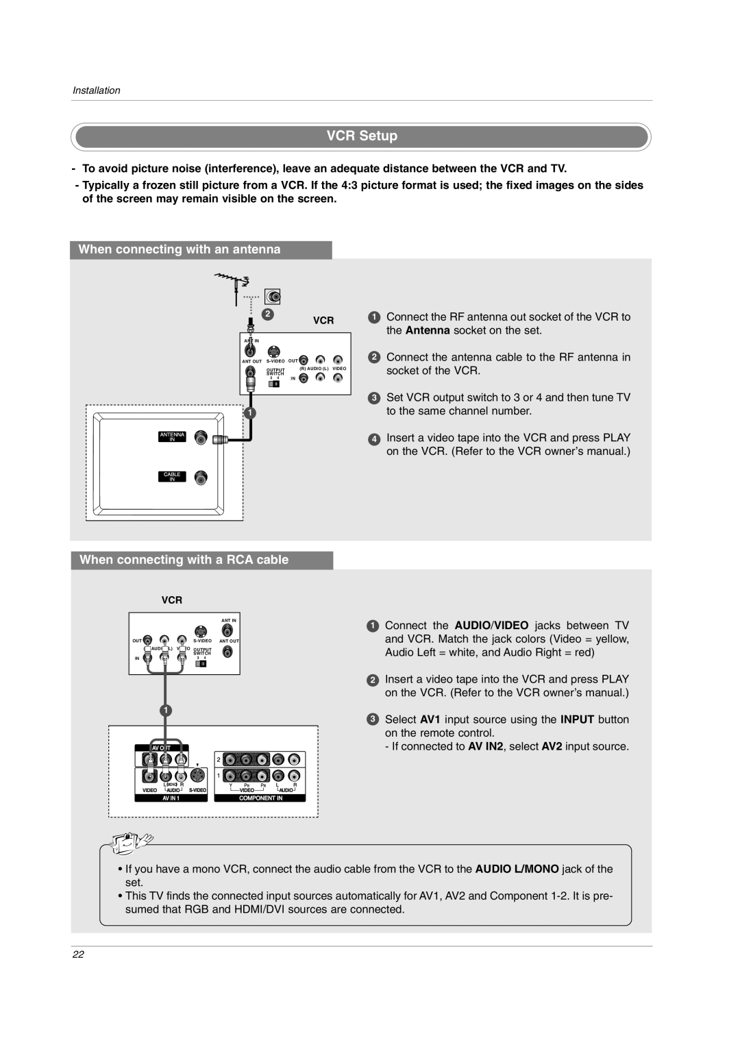 LG Electronics owner manual VCR Setup, When connecting with an antenna, When connecting with a RCA cable 