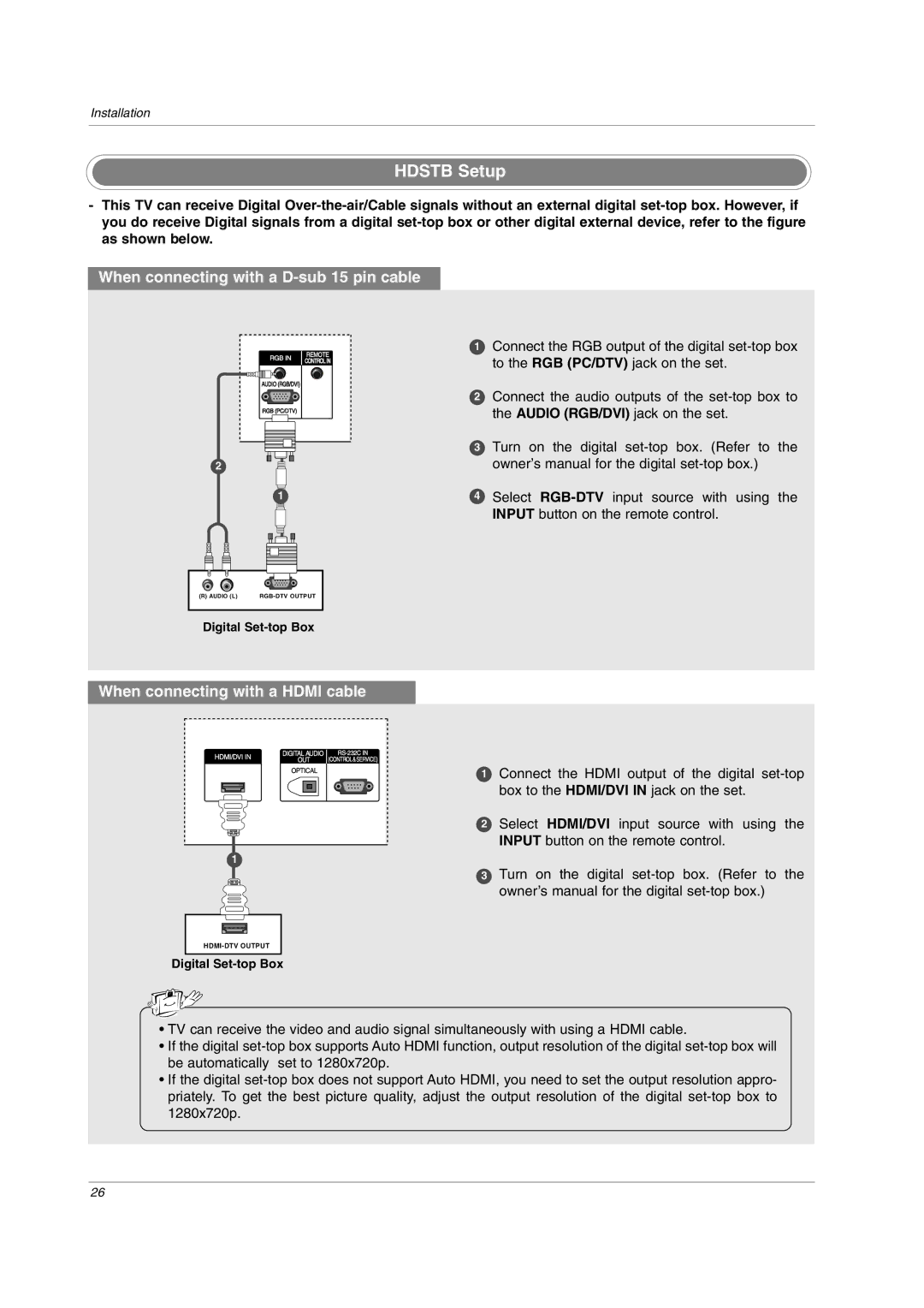 LG Electronics owner manual Hdstb Setup, When connecting with a D-sub 15 pin cable 