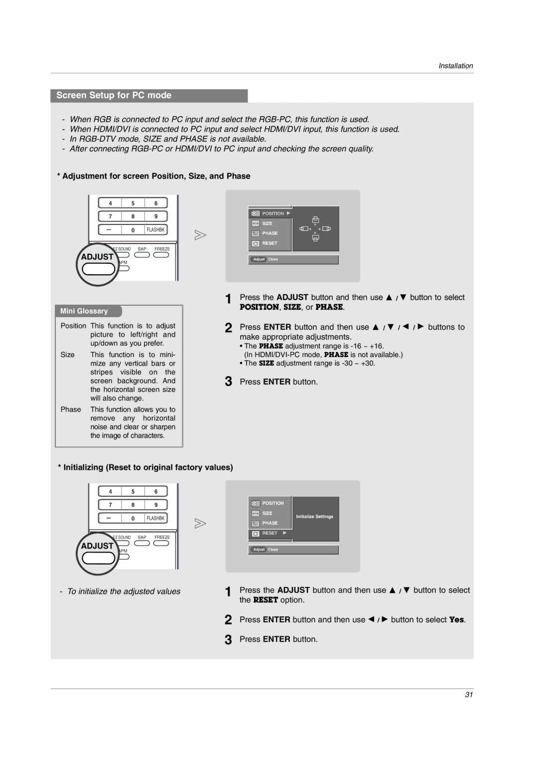 LG Electronics owner manual Screen Setup for PC mode, Adjustment for screen Position, Size, and Phase 