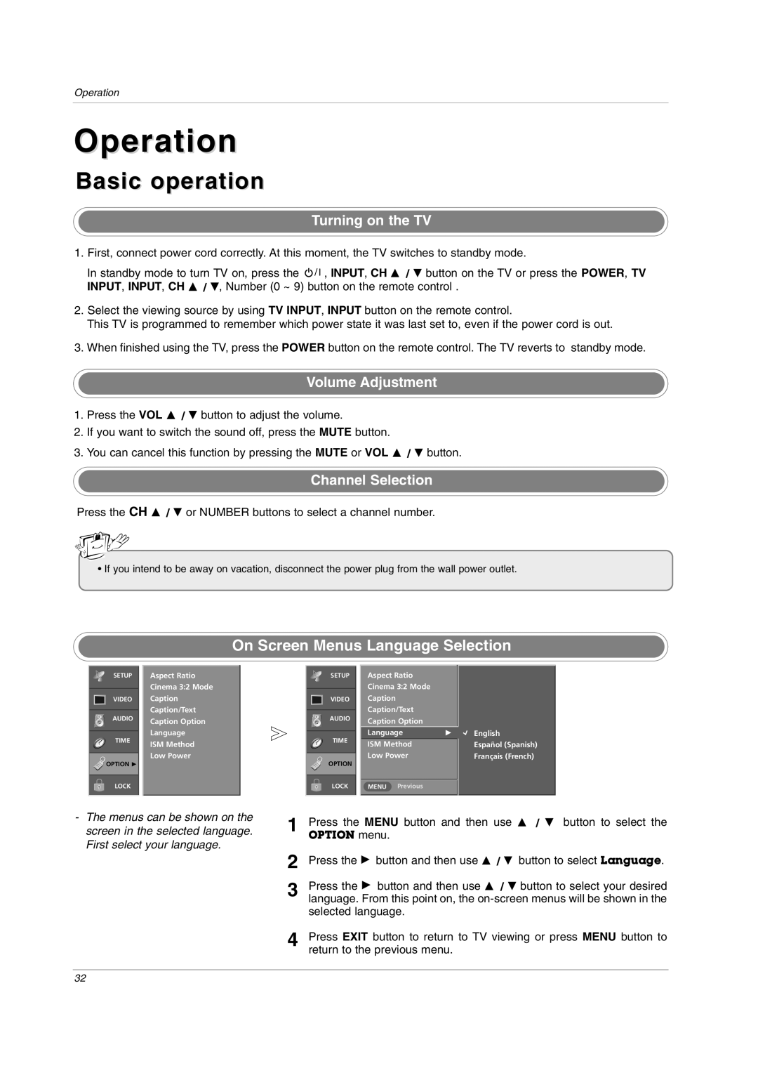 LG Electronics owner manual Basic operation, On Screen Menus Language Selection, Turning on the TV, Volume Adjustment 