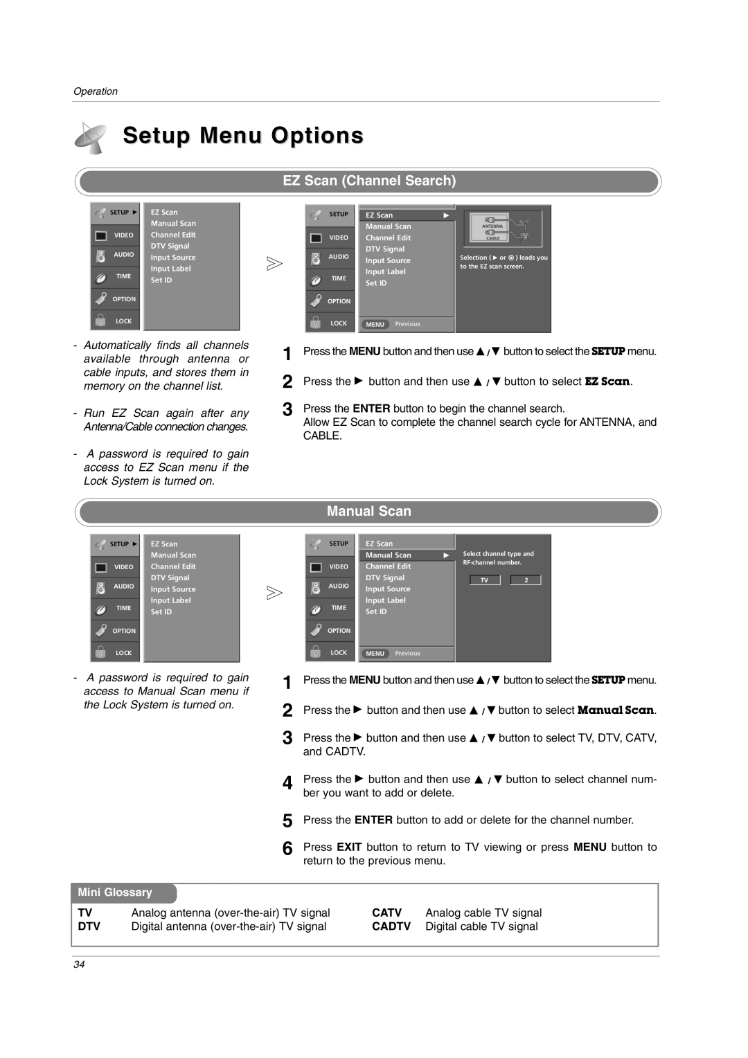 LG Electronics owner manual Setup Menu Options, EZ Scan Channel Search, Manual Scan 