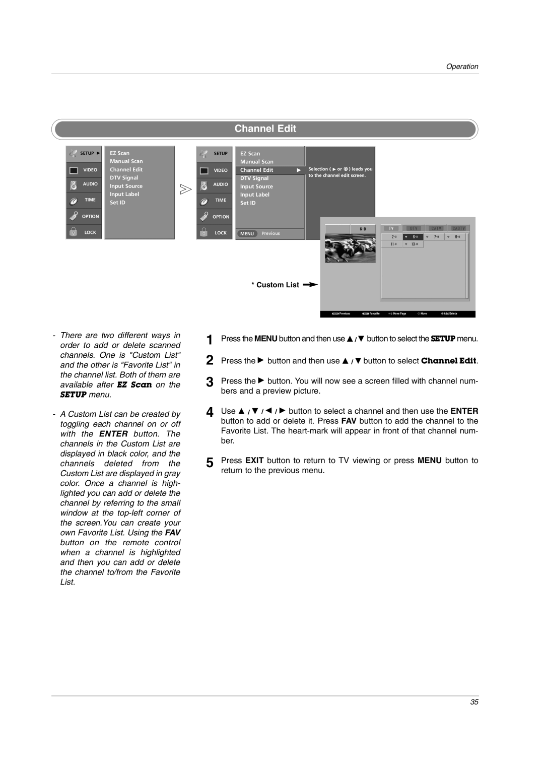 LG Electronics owner manual Channel Edit, Bers and a preview picture 