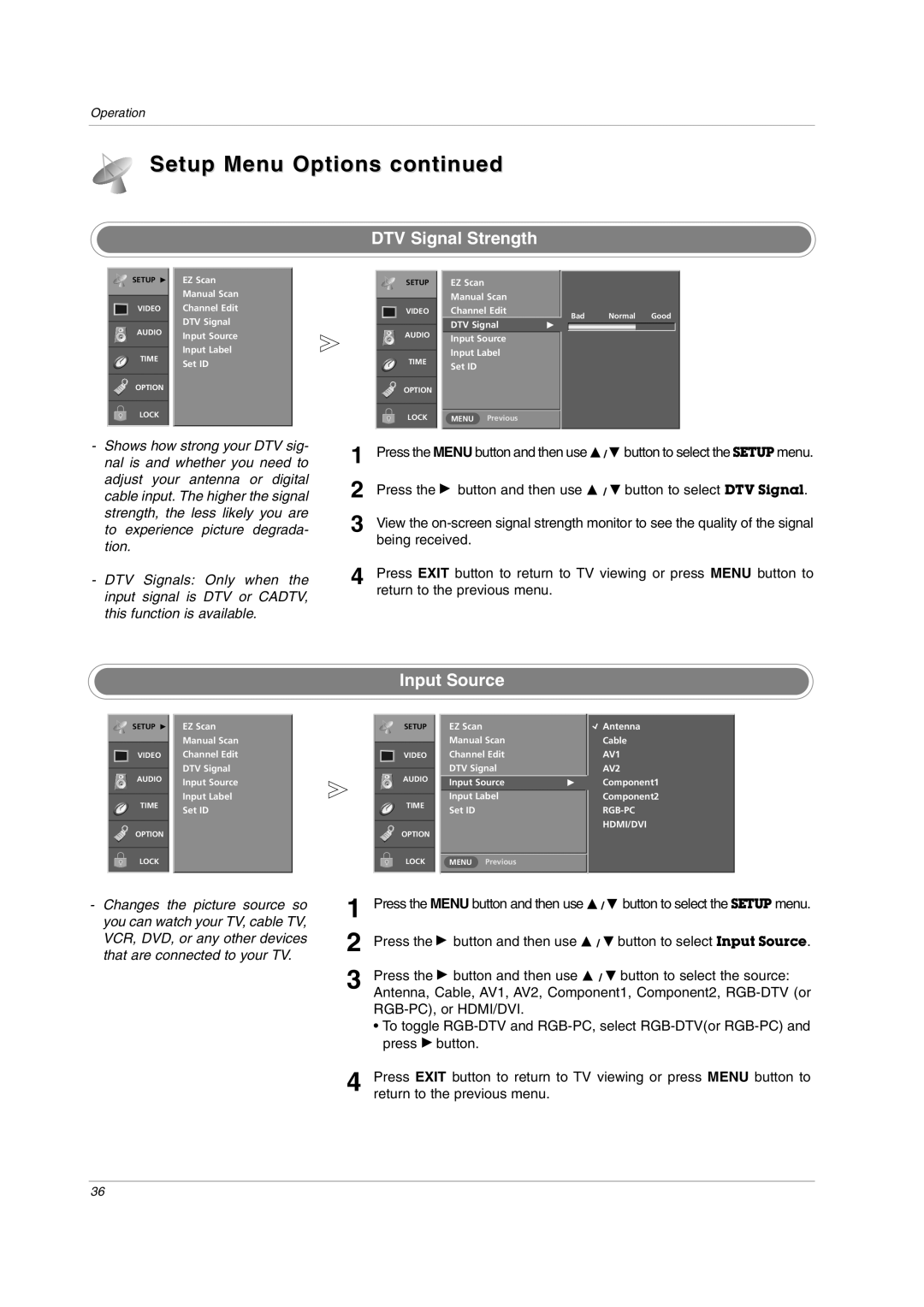 LG Electronics owner manual DTV Signal Strength, Input Source, Being received, RGB-PC, or HDMI/DVI, Press G button 